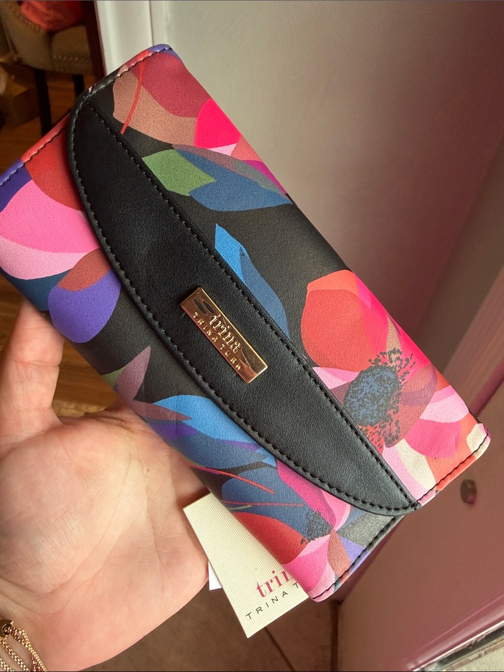 Trina Turk Multicolor Floral Fold-Over Wallet with Black Trim
